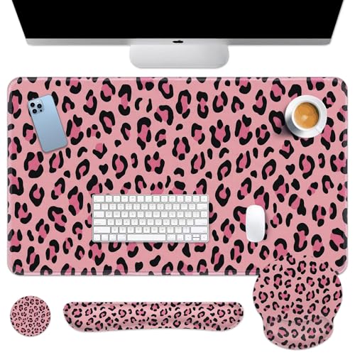 Arttown Leopard Desk Mat Pink and Black Leopard Mouse Pad Set 4 in 1 Ergonomic Design Large Mouse Pad + Keyboard Wrist Rest + Mouse Wrist Rest + Coaster Suitable for Home Office Study Game - color: Pink Black Leopard
