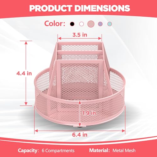 Docnest 360° Rotating Pen Holder,Heavy-Duty Metal Mesh Desk Organizer with 6 Compartments for Pencils,Scissors & Markers –Space Saving Office Supply for Teachers, Students & Home Desk-Pink - color: Pink