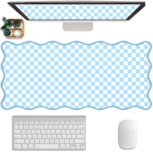 Scalloped Desk Mat Extended Large Cute Mouse Pad Big Desk Pad XXL Aesthetic Kawaii Plaid Mousepad Checkered Mouse Pad for Keyboard Computer Laptop Home Office Accessories Girl 35.4X15.7Inch Blue - color: Blue, size: 35.4" x 15.7"
