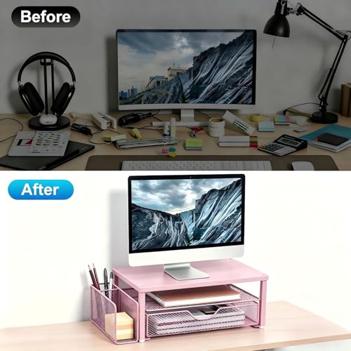 Spacrea Desk Organizer and Accessories, Computer Monitor Stand Riser with Drawer and 1 Open Pen Holder, Printer & Laptop Stand, Office Desk Accessories for Home Office Supplies (Pink) - color: Pink - Metal Drawer