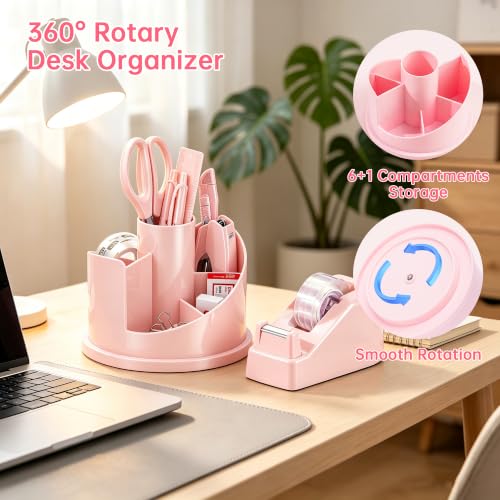 deli Office Supplies Set, Pink Desk Accessory Organizer Kit, Stapler Set, Rotating Multi-Functional Pen Holder, Tape Dispenser, Pens, Binder Clips, Sharpener, Scissor, Eraser, Pink Office Supplies - color: Pink