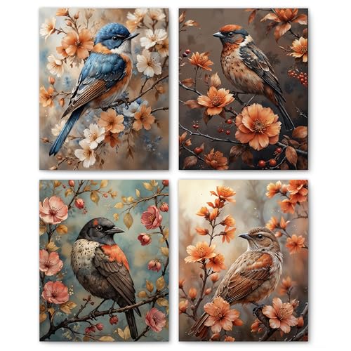 FITIE Vintage Nature Floral Botanical Bird Wall Art Posters Set of 4, Bird Decor for Home, Aesthetic Antique Flower Ornithology Art Deco Canvas Prints Artwork Wall Decor, 8x10 Unframed - color: Home Wall Art 06