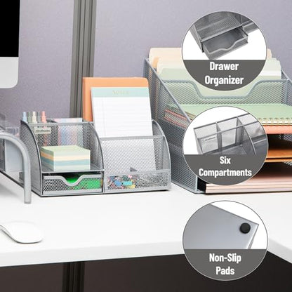Mind Reader 7-Compartment Desktop Organizer, Metal Mesh Desk Organizer for Pens, Sticky Notes, Mail and Office Supplies, Silver - color: Silver