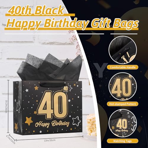 Powbrace 13" Black 40th Birthday Gift Bag with Tissue Paper and Greeting Card for Party,Happy Birthday Gift Bag for Men Women,Gift Bags Medium size(1 Black 40th) - color: 1 PCS Black 40th, size: 1 count (Pack of 1)