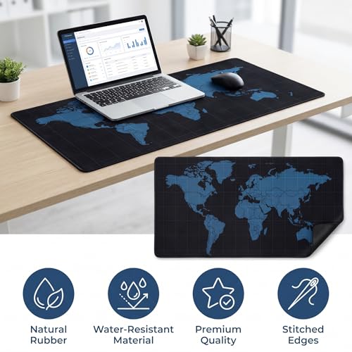 Jeffbaubl Black World Mouse Pad, 35.4 x 15.7 Inch Large Desk Mat, Extended Mousepad Desks Mat, Non Slip Rubber Base & Stitched Edges Desk Pad, Waterproof Mousepad for Computer Office Home Use