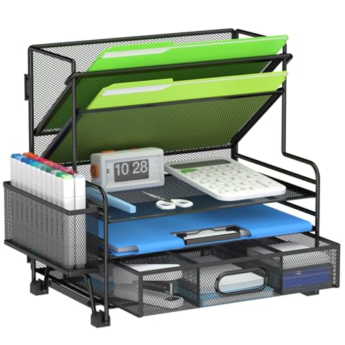 MINDEPOT 4-Tier Paper Organizer + 3-Pocket File Holder, Desktop File Organizers Paper Tray for Office School Classroom Workspace Organization (Black 2+3 Desk Organizer) - color: Black 2+3 Desk Organizer