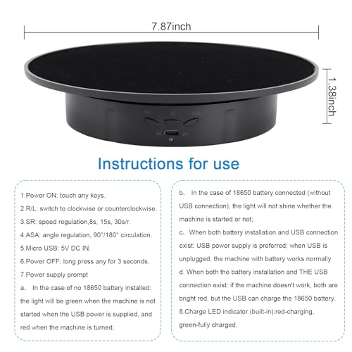 Motorized Rotating Display Stand, 360 Degree Electric Rotating Turntable with Velvet Top, 7.87inch /17.6lbs Load Automatic Mute Lazy Susan for Photography Products Jewelry 3D Model, Black Stand