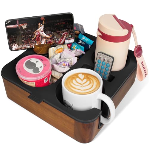 Couch Cup Holder Tray, Real Acacia Wooden Caddy with Soft Silicone, Snack and Drink Organizer- Perfect Movie Night Accessories for Bed, Remote and Cup Holders for Sofa (Black) - color: Black