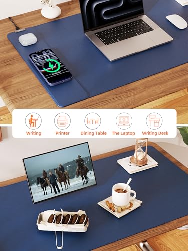 TopMade Mouse Pad with 15W Wireless Charging, XXL Large Leather Desk Mat, Waterproof Gaming Mousepad Home Office Desk Pad Protector, Computer Keyboard Pad, Mouse Mat for MacBook, PC, Laptop, Blue - color: Blue