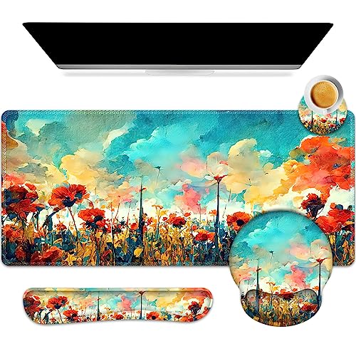 ARTSO Desk Mat, Large Gaming Mouse Pad Wrist Support Set, Ergonomic Keyboard Wrist Rest Desk Pad with Coaster Combo, Extended Mousepad with Non-Slip for Home Office, Oil Painting Flowers Plants - color: Oil Painting Flowers Plants