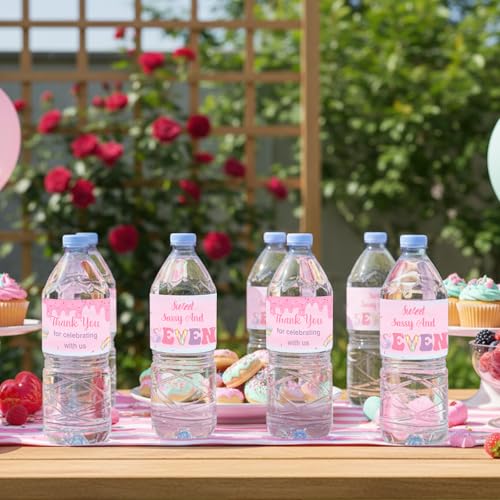 Donut 7th Birthday Decorations For Girls, 52Pcs Sweet Sassy And Seven Water Bottle Labels Donut And Ice Cream Party Wraps, Candy Theme Drink Stickers For Birthday Table Setup And Party Favors