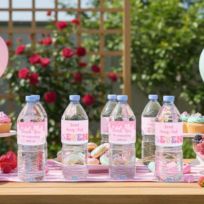 Donut 7th Birthday Decorations For Girls, 52Pcs Sweet Sassy And Seven Water Bottle Labels Donut And Ice Cream Party Wraps, Candy Theme Drink Stickers For Birthday Table Setup And Party Favors