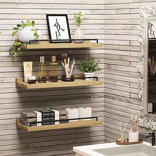 RYOFOBETTO Floating Shelves for Wall Decor, Light Brown Wood Shelves for Bathroom, Living Room, Bedroom, Picture Frames, Plants, Kitchen (Set of 3) - color: Light Brown, size: 16"