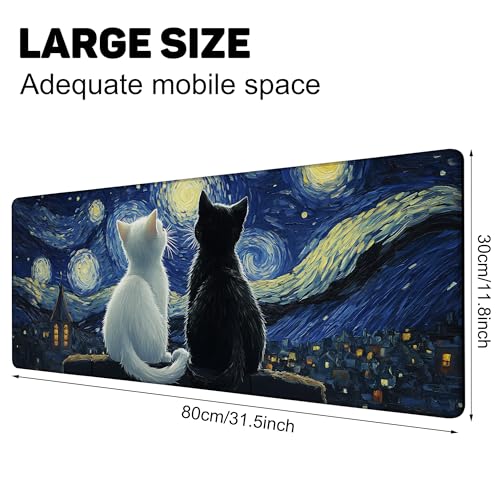 Black Cat and White Cat Look Starry Sky Gaming Mouse Pad with Stitched Edges Non-Slip Rubber Base Mouse Pad for Office,Computer,Keyboard,Laptop and Home Desk,31.5 x 11.8 Inch - color: Black Cat and White Cat Look Starry Sky, size: 11.8*31.5inch