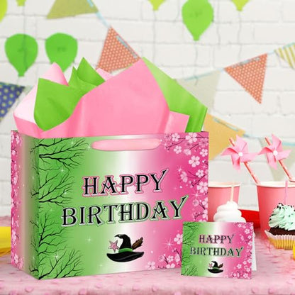 Hooqict Large Pink and Green Gift Bag Witch Birthday Gift Wrap Bag with Handles, Tissue Paper, Greeting Cards for Girls Friendship Princess Witch Party Favors Movie Theme Birthday Party Supplies - color: Pink and Green