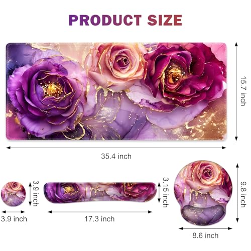 Gaming Mouse Pad, Large Desk Mat, Cute Desk Pad Protector, 4in1 XXL Mousepad + Keyboard Wrist Rest+Mouse Wrist Rest+Coaster Set with Ergonomic Desk Pad for Home Office PC, Marble Rose Purple Flowers - color: Marble Rose Purple Flowers