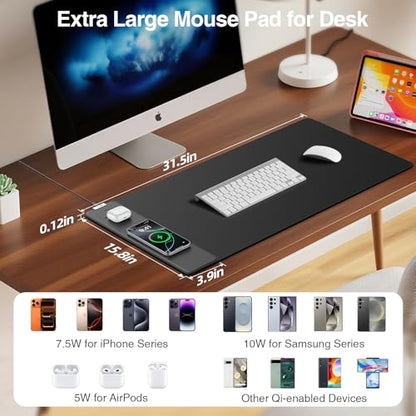 Mouse Pad with Magnetic Wireless Charger, 31.5"x15.8" Large Gaming Desk Mat, Non-Slip Base, Waterproof Ultra-Smooth Keyboard Pad for Gamer, Office & Home, Black - color: Black-31.5"x15.8"
