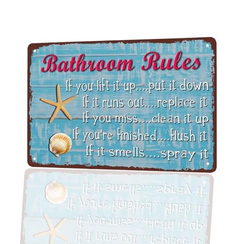 Bathroom Rules, 8"x12" Vintage Starfish Seashells Home Bathroom Wall Decor Art - color: Bathroom Rules