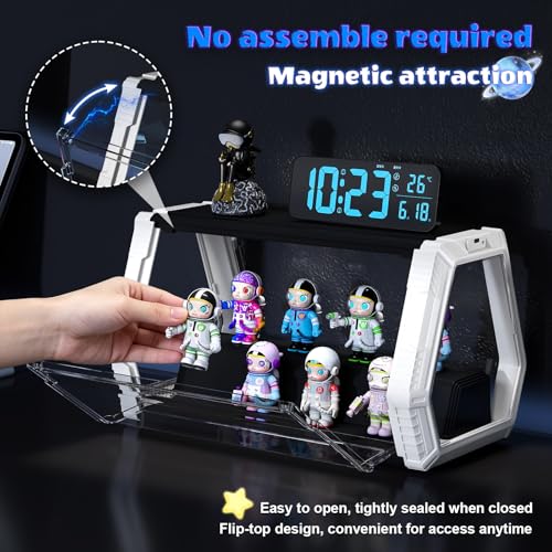 Space Capsule Acrylic Display Case for Collectibles, 2-Tier Anime Figure Display Box with LED Lights & Sound Activated, Magnetic Door, No Assembly, Stackable(Black Step Style, 14.1x8.2x8.2In) - size: Black & White（14.1 x 8.21 x 8.21 inches）