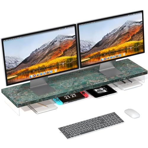 Dual Monitor Stand Riser, 40" Large Computer Monitor Stands for 2 Monitors, Wooden Desktop Organizer Shelf for Office Desk Computer, Laptop, TV, Monitor, Printer - color: Emerald Blue Stone, size: 40*10 Inch