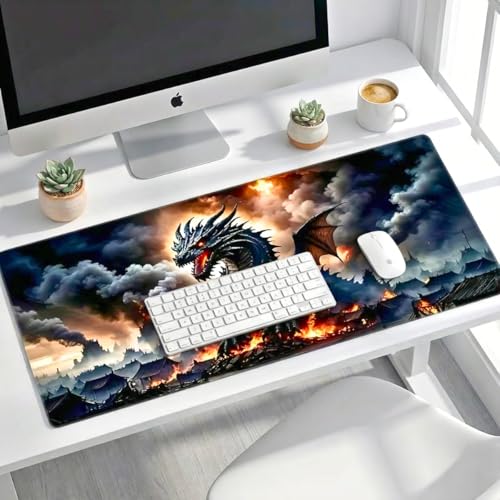 Gaming Mouse Pad Mythic Dragon - 31.5x11.8 Inch Large Desk Mat for Work & Gaming, Non-Slip Rubber Base, Durable Stitched Edges, Vivid Fantasy Art