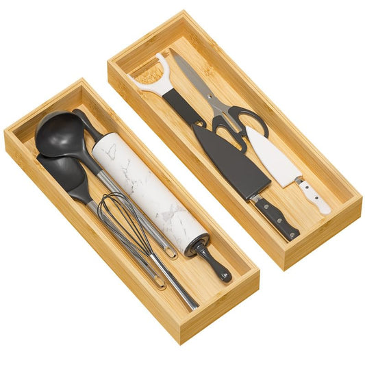 Kitchen Drawer Organizer Tray, Stackable Bamboo Deep Drawer Organizer for Large Silverware, Utensils, Cutlery, Flatware,Junk Drawer, Dresser, Bathroom, 17" x 6" x 2.5" (Set of 2) - color: Bamboo, size: 17 x 6 x 2.5 Inch