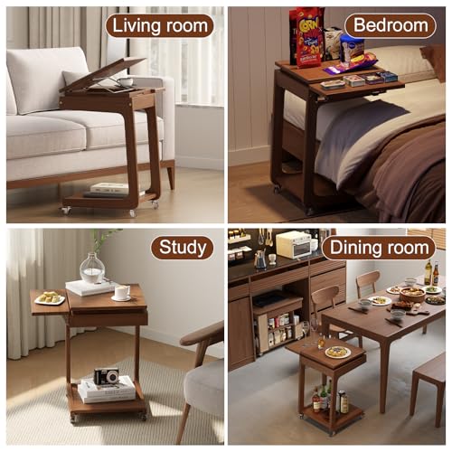 Solid Wood C Shaped End Table for Couch,Walnut C Table with Wheels,Rolling Side Table with Storage,Couch Desk with Adjustable Desktop,Rolling Tv Tray with Folding Shelf,Modern Couch Table - color: Walnut