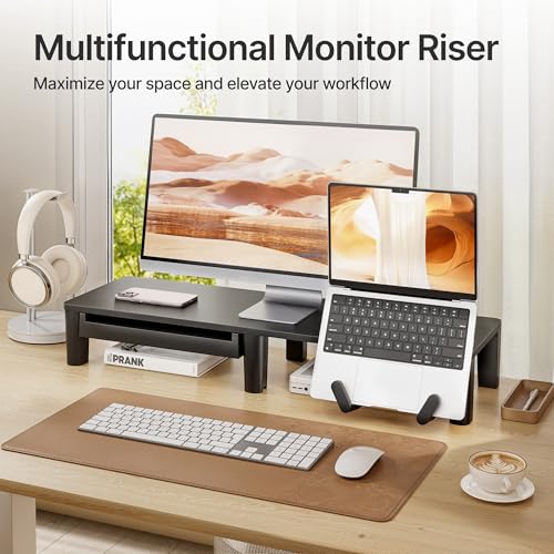 PEGZONE Monitor Stand Riser for Desk, Ergonomic Computer Riser with Storage Drawer, Desktop Shelf Organizer for PC, Laptop, for Home Office