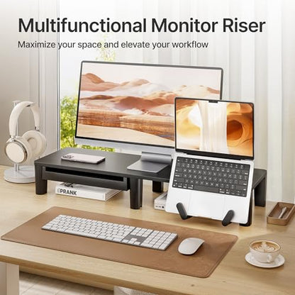 PEGZONE Monitor Stand Riser for Desk, Ergonomic Computer Riser with Storage Drawer, Desktop Shelf Organizer for PC, Laptop, for Home Office