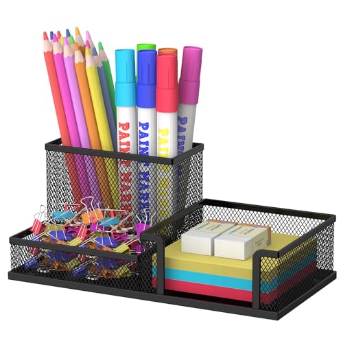 SUPEASY Pen Holder Desk Organizer, Office Supplies Pencil Holder with 3 Compartments, Desk Accessories and Workspace Organizers for Home School Classroom, Black - color: Black