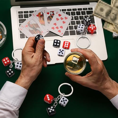 Sureio 36 Pcs Casino Night Dice Keychains Party Decoration Black White Red Souvenirs Poker Party Game Casino Night for Birthday Supplies