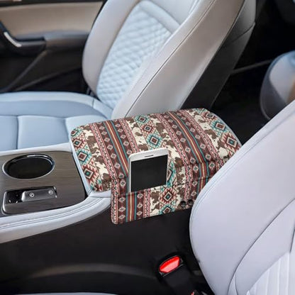 Wanyint Aztec Brown Cow Print Car Center Console Cushion Cover Comfortable Armrest Seat Box Lid with Organizer Pockets Anti-Scratch Arm Rest Covering Suitable for Most Cars SUVs Trucks - color: Aztec Brown Cow Print
