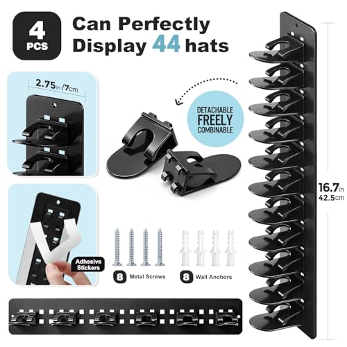 4 Pack Hat Organizer for Baseball Caps, Detachable DIY Hat Rack for Wall Hat Holder Hold up to 44 Hats, Baseball Cap Organizer Cap Holder Hat Hangers for Wall Closet Door Bedroom(4pcs,Black) - color: 4pcs,Black