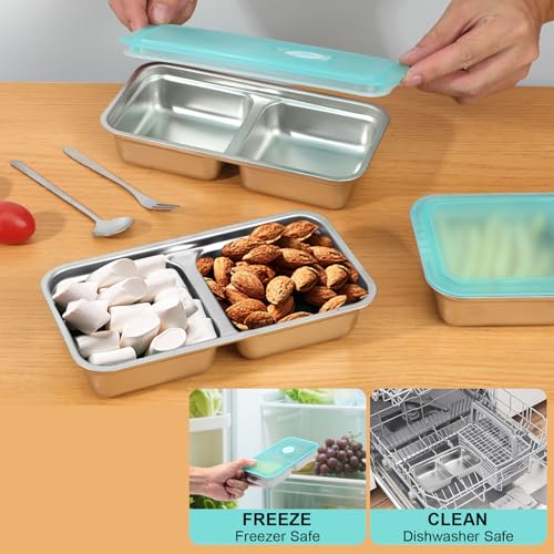 KITHELP 4 Pcs Grab and Go Snack Containers Reusable with Lids, Stainless Steel Double Compartment Snack Containers with 2 Forks 2 Spoons and 2 Salad Dressing Container, for Camping, Lunch, Dessert - color: Blue-4