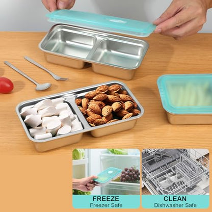 KITHELP 4 Pcs Grab and Go Snack Containers Reusable with Lids, Stainless Steel Double Compartment Snack Containers with 2 Forks 2 Spoons and 2 Salad Dressing Container, for Camping, Lunch, Dessert - color: Blue-4