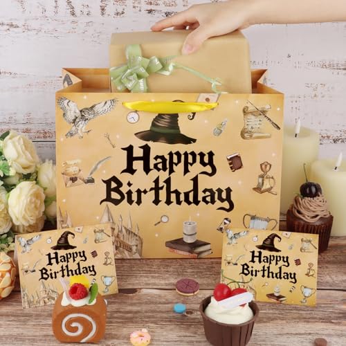 Hooqict Magical Wizard Gift Bag Happy Birthday Gift Wrapping Bag with Handles, Tissue Paper and Greeting Cards for Kids Girls Boys Wizard Birthday Party Supplies Halloween Party Favors - color: Magical Wizard