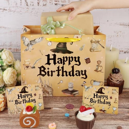 Hooqict Magical Wizard Gift Bag Happy Birthday Gift Wrapping Bag with Handles, Tissue Paper and Greeting Cards for Kids Girls Boys Wizard Birthday Party Supplies Halloween Party Favors - color: Magical Wizard