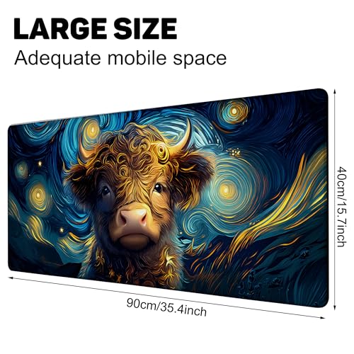 Starry Night Highland Cattle Gaming Mouse Pad Large Desk Mat Extended Keyboard Anime Mousepad with Non-Slip Base and Stitched Edge for Desk Home Office Gaming,35.4 x 15.7 Inch - color: Starry Night Highland Cattle, size: 15.7*35.4inch