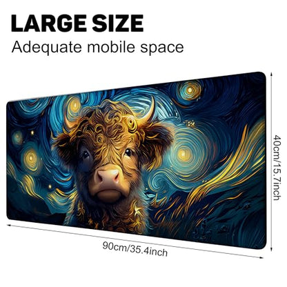 Starry Night Highland Cattle Gaming Mouse Pad Large Desk Mat Extended Keyboard Anime Mousepad with Non-Slip Base and Stitched Edge for Desk Home Office Gaming,35.4 x 15.7 Inch - color: Starry Night Highland Cattle, size: 15.7*35.4inch