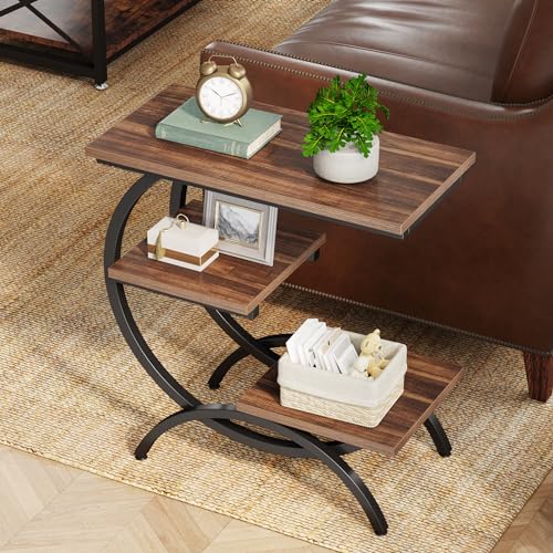 Tribesigns C-Shaped End Table, 3-Tier Industrial Sofa Side Table with Curved Metal Frame for Living Room, Bedroom, Couch, Small Space, Rustic Brown - color: Rustic Brown