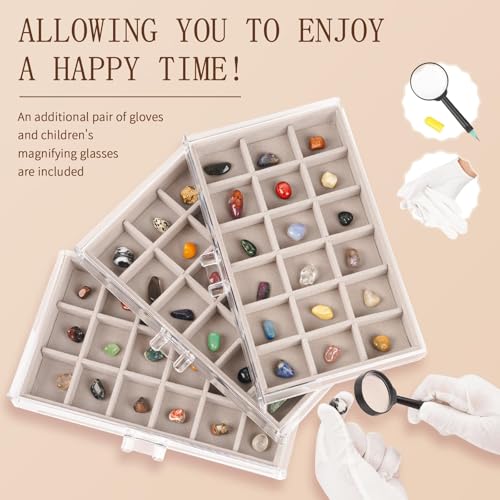 Bfttlity Acrylic Rock Display Case,54 Grids Rock Collection Box for Kids with Mini Magnifying Glass and Gloves, Clear Display Cases for Stones Collectibles Gemstone Crystals Storage Boxes - size: 54 Grids