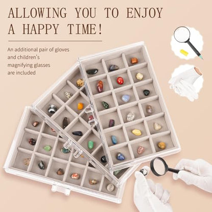 Bfttlity Acrylic Rock Display Case,54 Grids Rock Collection Box for Kids with Mini Magnifying Glass and Gloves, Clear Display Cases for Stones Collectibles Gemstone Crystals Storage Boxes - size: 54 Grids