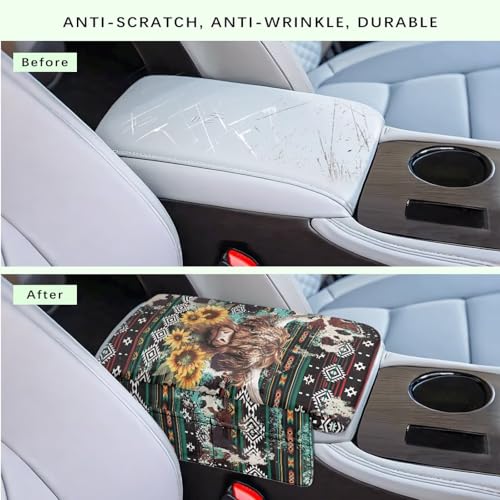 Wanyint Aztec Highland Cow Sunflower Car Center Console Cover Soft Armrest Cover Protector Wear-Resistant Non-Slip Middle Console Pad Protective Cover for Car Storage Box Universal Fit - color: Aztec Highland Cow Sunflower