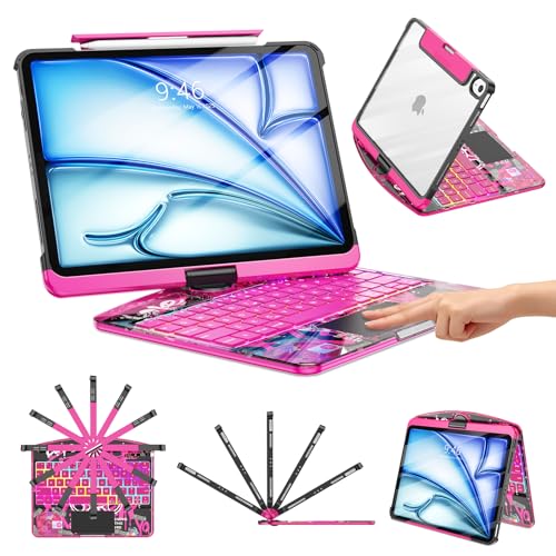 TSQQST Clear Keyboard Case for iPad Air 11 Inch (M4/M3/M2, 2026/2025/2024)/ iPad Air 5th/4th Generation 10.9" / iPad Pro 11" 1st/2nd/3rd/4th, Trackpad, Pencil Holder, 7-Color Backlit, Rotatable, Pink - color: Clear+Pink, size: Air11/10.9/Pro11 1/2/3/4