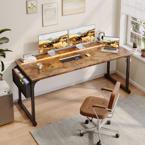 DurayLoly 63" Home Office Desk with LED Lights,Computer Desk for 2 Monitors or 2 laptops,Spacious Under-Desktop for Study Writing Work Gaming Desk,Sturdy Metal Frame,Bedroom,Rustic Brown - color: Brown, size: 63 Inch