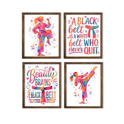 Inspirational Watercolor Karate Girl Athlete with Empowering Motivational Quote Art Print Set for Girl's Bedroom Empowerment, Playroom Energy Boost, Locker Team Spirit, Young Karateka Surprises, Aspiring Black Belt Tokens, Team Captain Honors, Coach Gifts