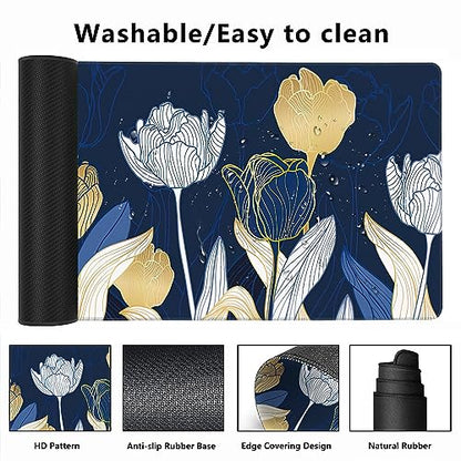 MIOAOSRT Desk Mat,Luxury Gold Tulip Flower Large Gaming Mouse Pad with Stitched Edges,Non-Slip Computer Mouse Pad for Desk,Extended XXL Keyboard and Mouse Pad 35.4x15.75 in - color: Luxury Gold Tulip Flower
