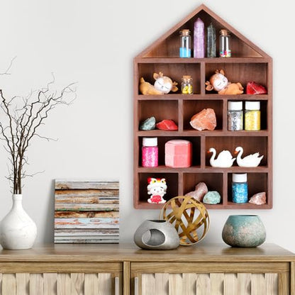 Threehoney House Shaped Wooden Shadow Cubby Box 10 W x 2 1/4 D x 15 H Hanging Display Shelf Organizer Wall Mounted Curio Cabinet Wooden Display Case Miniature Shelf for Figures (Brown) - color: Brown