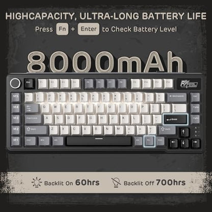 RK ROYAL KLUDGE L75 Gasket Mount Mechanical Keyboard w/Knob/Macro Keys & Touchable Nameplate, Tri-Mode 75% TKL Wireless Keyboard BT/2.4G/USB-C, Hot Swappable, Pro Software, Massive 8000mAh Battery - color: Knight Black, size: Linear Cream Switch