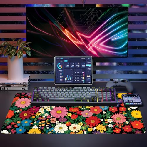 Mouse Pad, Large Anti-Slip with Stitched Edges Desk Mat Desktop Laptop Computer Desk Keyboard Mat,Table Protector Blotter Mat (Flower, 35.4" x 15.7") - color: Flower, size: 35.4" x 15.7"